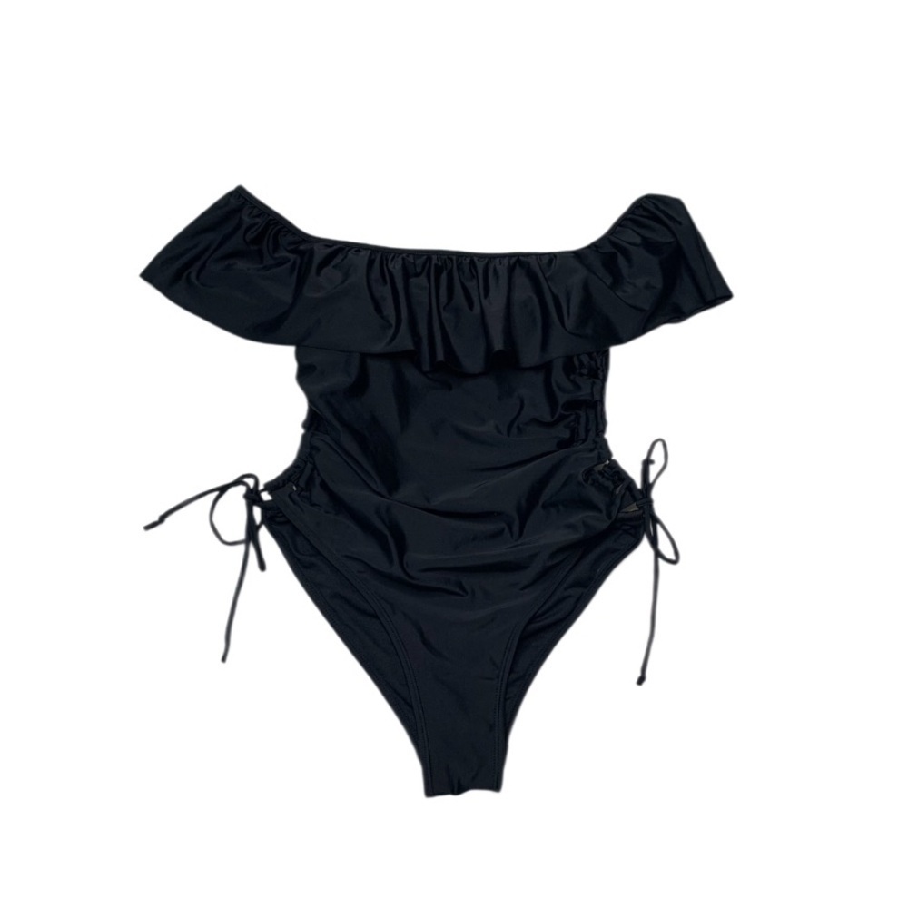 Revamped Black One Piece Swimsuit with Ruffle Neckline